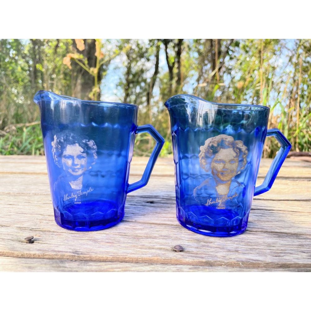 Antique 1930s 2 Shirley Temple Creamer PItchers Blue Hazel Atlas